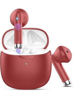 Wireless All Red Stereo Bass Ear Noise Cancelling Mic 32H Bluetooth 5.4 Earbud